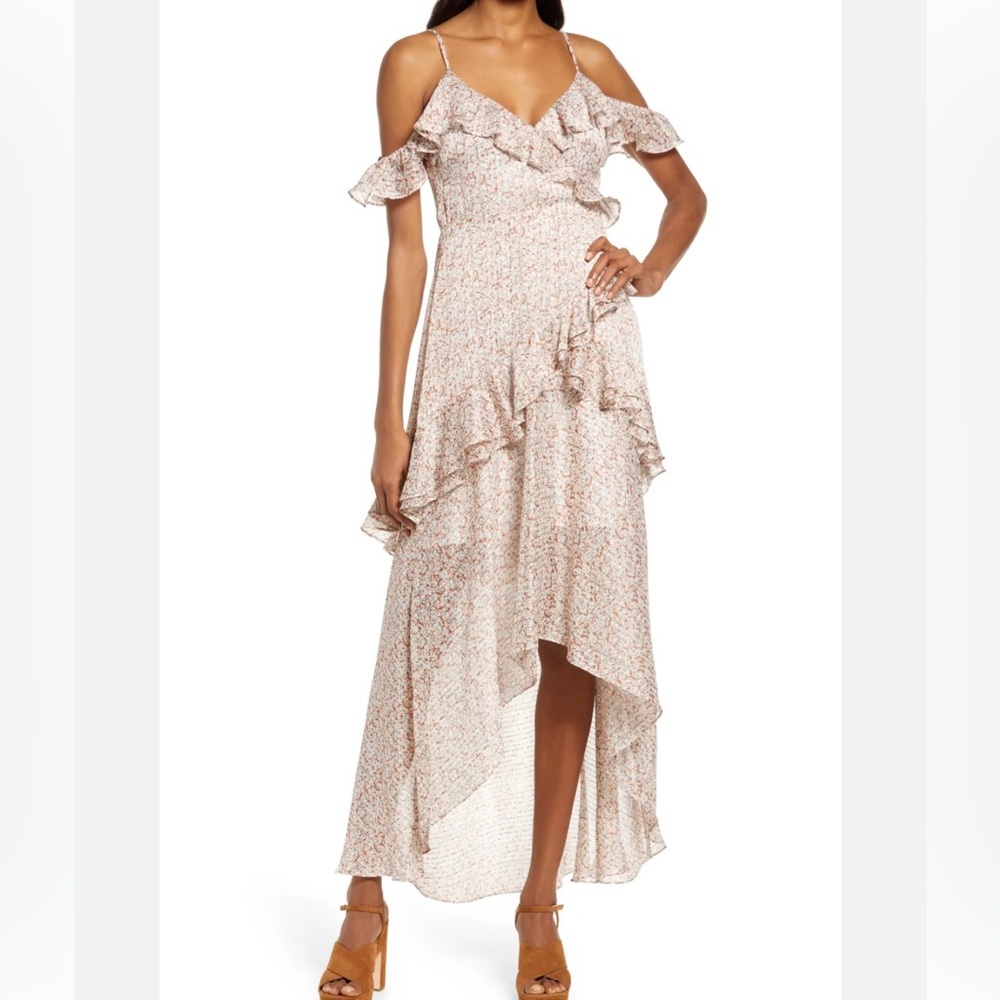 🩷NWT FLORET STUDIOS Cold Shoulder Asymmetric Ruffle Dress Sz S
